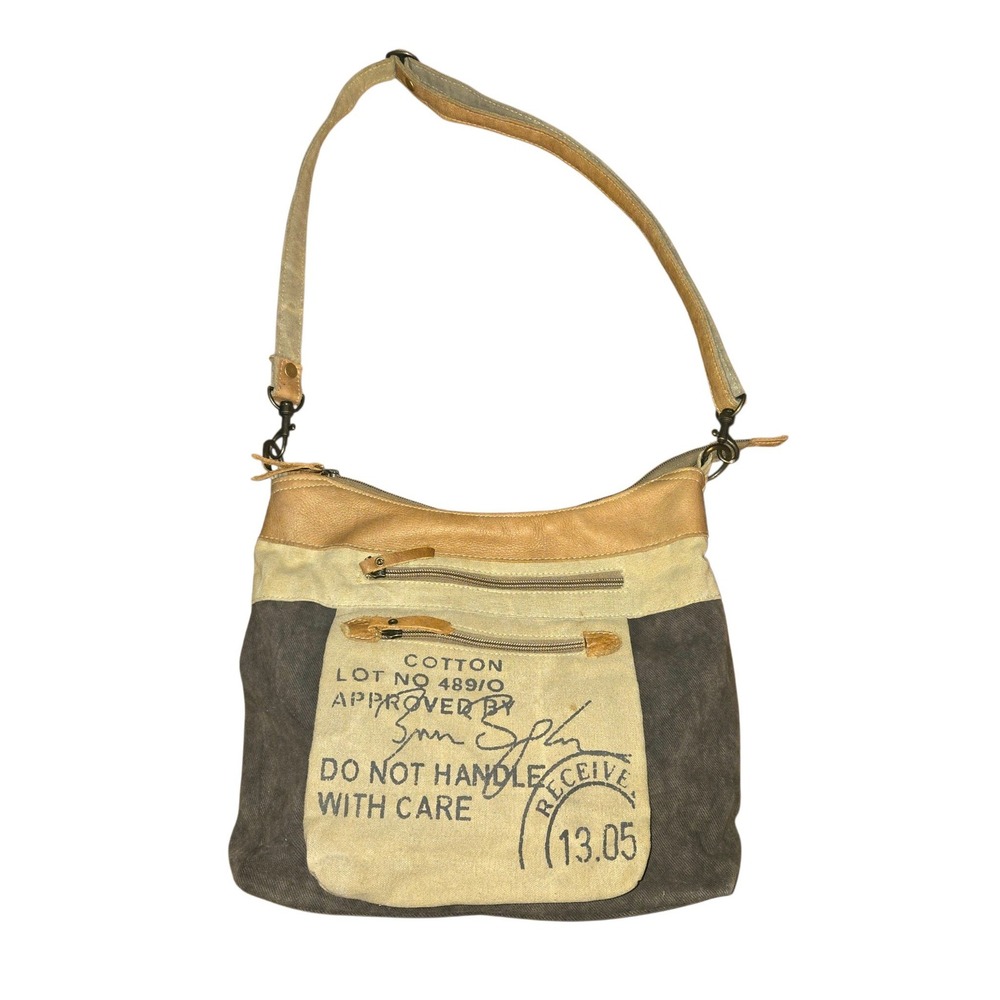Myra Bag Do Not Handle With Care Double Zip Crossbody Womens 12X12X3 Tan Canvas